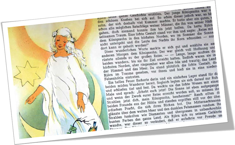 Picture and extract from a German fairy tale book from 1949. The midnight sun certainly shone on him midnight sun Iceland