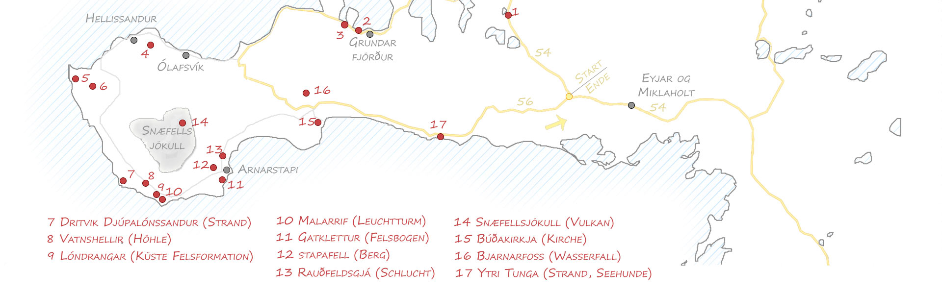 Snæfellsnes - Karte der Highlights im Südwesten (Djúpalónssandur, Vatnshellir, Lóndrangar, Malariff, Gatklettur, Rauðfeldsgjá, Búðakirkja, Bjarnarfoss, Ytri Tunga)