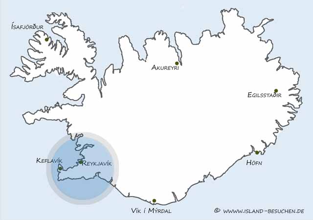 Karte Sehenswürdigkeiten Island Hauptstadtgebiet und Reykjanes-Halbinsel